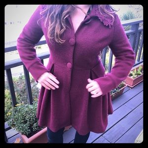 🍁 Burgundy Wool Peacoat Lace Trim 🍁